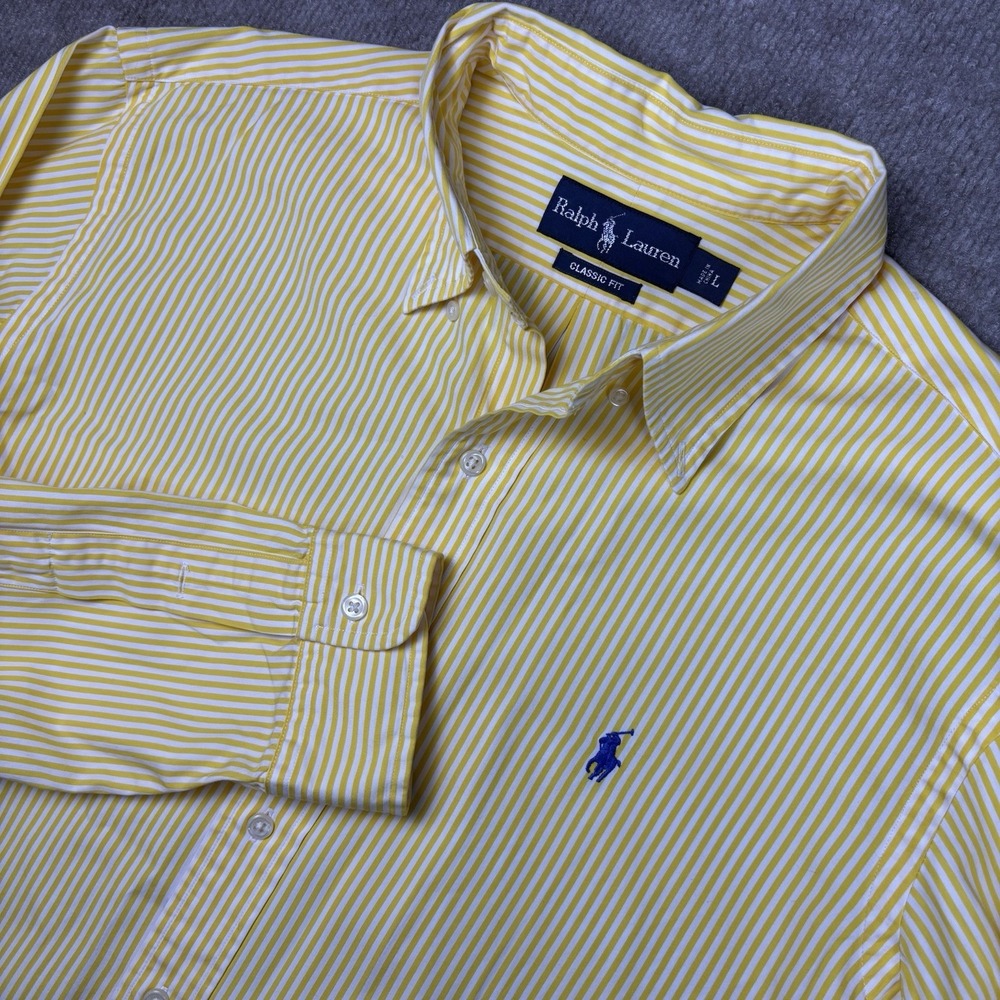 Ralph Lauren Classic Fit Yellow/White Striped Long Sleeve Button Shirt Men's L
